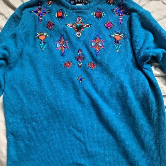 I.B. Diffusion VTG 90s Beaded Silk Blend Angora Sweater Women's Size M Blue - Picture 2 of 16